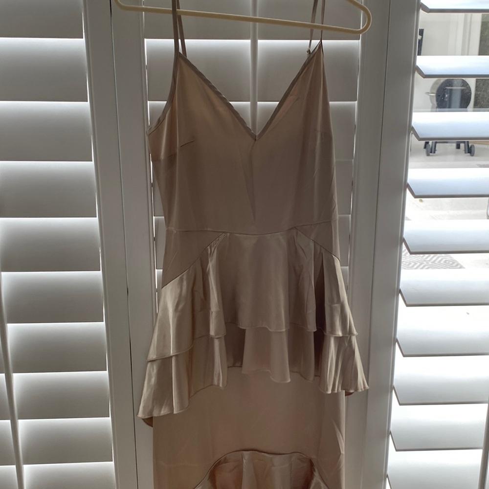Champagne gold ruffle high low satin dress. Never worn
